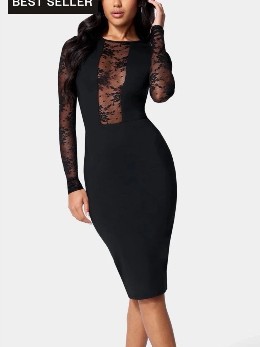 bebe Black Long Sleeve Lace-Inset Bodycon Dress